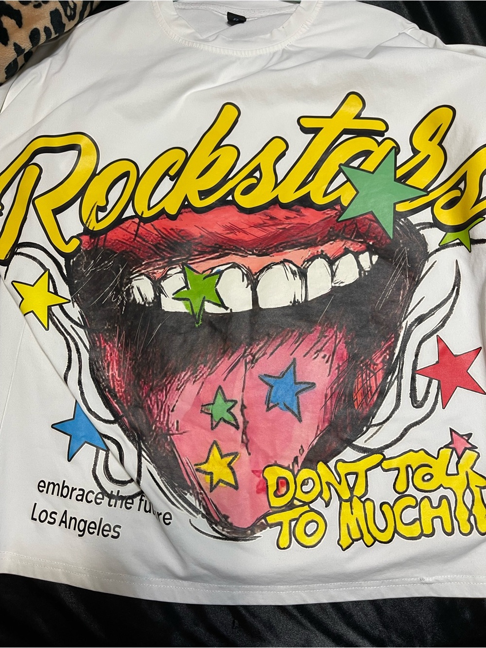 SHEIN White Graphic Tee with Yellow 'Rockstars' Script and Multicolor Stars